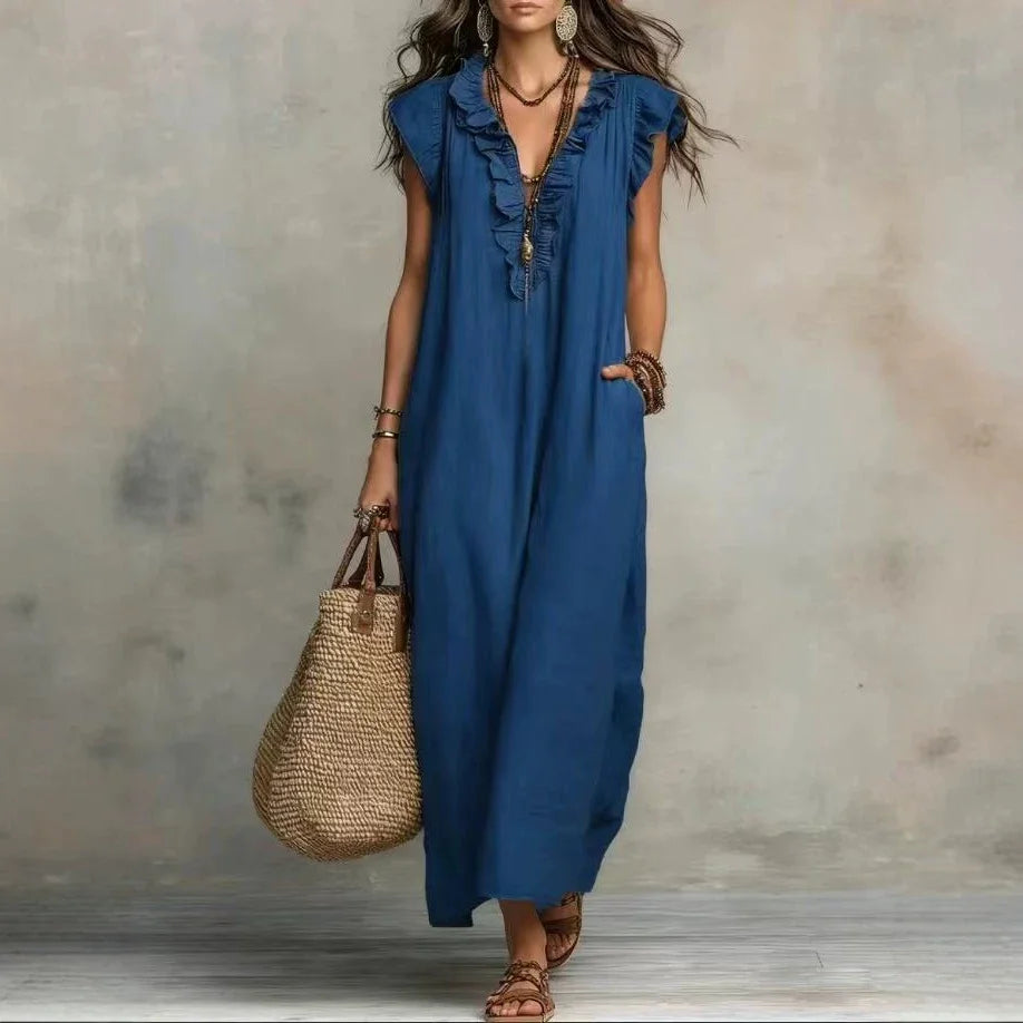 Women's Boho V-Neck Sleeveless Ruffle Solid Color Maxi Dress