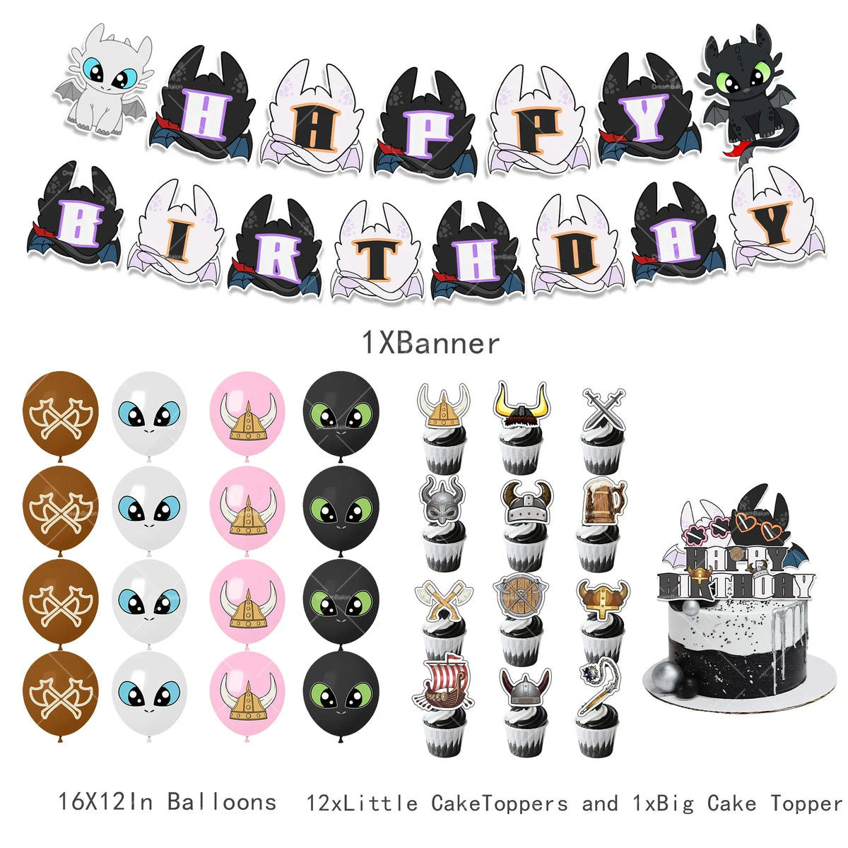 How to Train Your Dragon Party Decorations Set - Foil Balloons, Birthday Banner & Cake Toppers