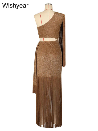 One-Shoulder Tasseled Sleeveless Long Dress