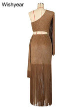 One-Shoulder Tasseled Sleeveless Long Dress