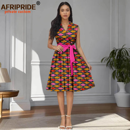 Designer Print Sleeveless High Waist Dress with Sash