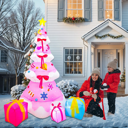 8ft Pink Inflatable Christmas Tree with LED Lights - Outdoor Yard Decor