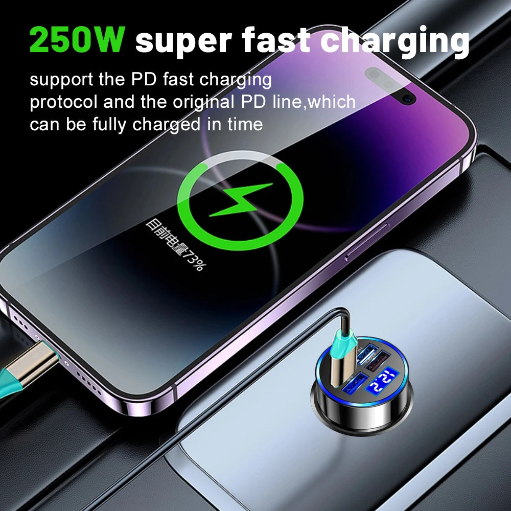 250W PD Fast Charging Type C USB Phone Adapter in Car