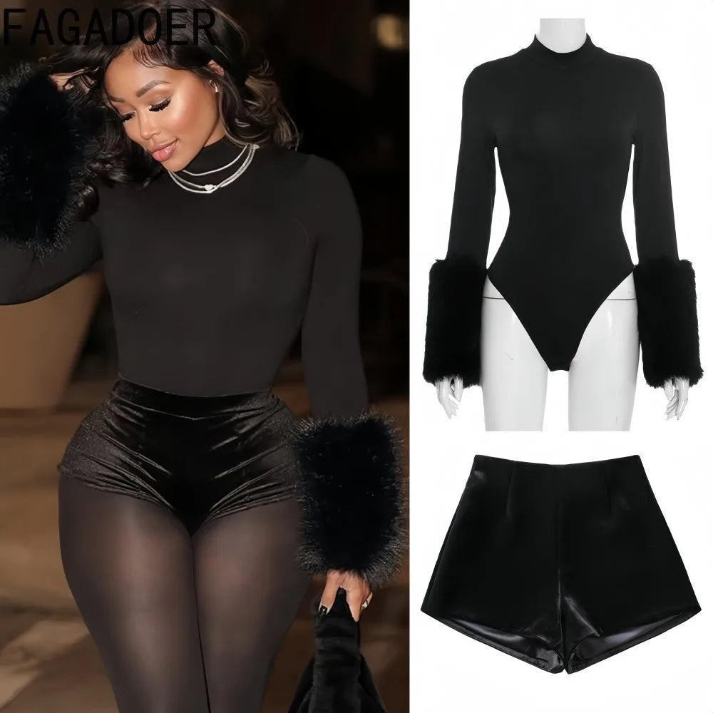 Faux Fur Lined Long Sleeve Playsuit + Shorts Set