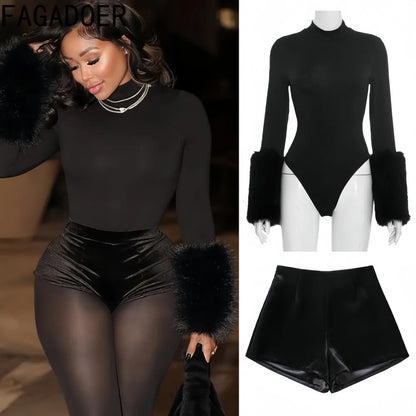 Faux Fur Lined Long Sleeve Playsuit + Shorts Set