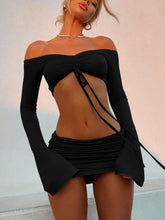 Matching 2 Piece Long Sleeve Drawstring Crop Top & Mini Skirt Set