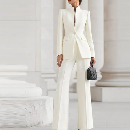 Women's 2-Piece V-Neck Single-Button Blazer & Wide-Leg Pants Suit Set