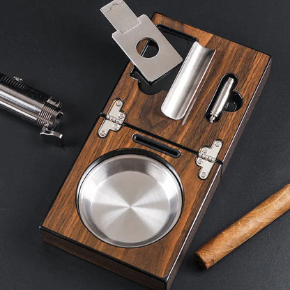 Solid Walnut Wood Foldable Ash Tray with Cigar Cutter Holder