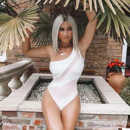 Women's One-Shoulder Mesh Spliced One-Piece Swimsuit