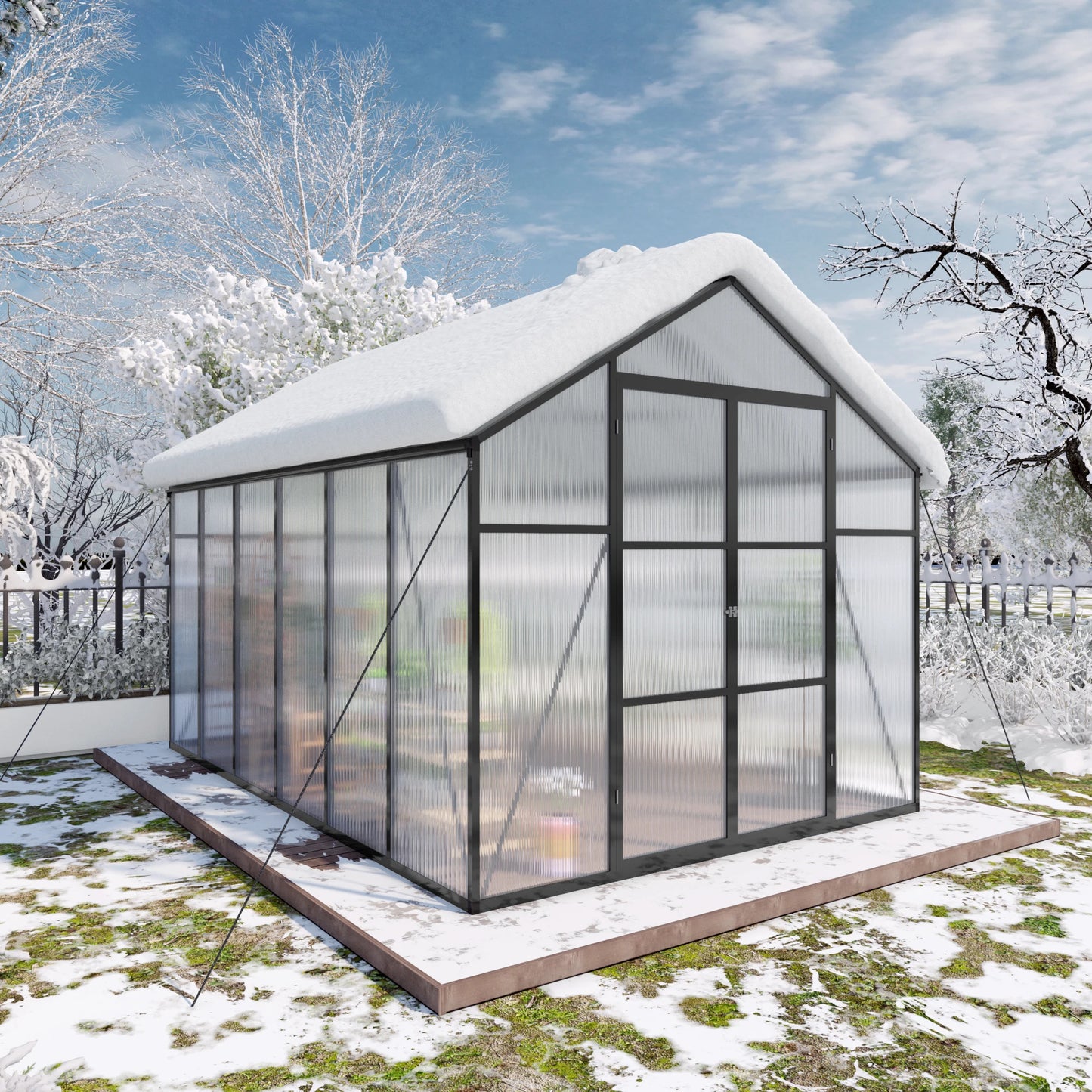 SUSUA 8x12FT Polycarbonate Raised Base and Anchor Aluminum Heavy Duty Greenhouse