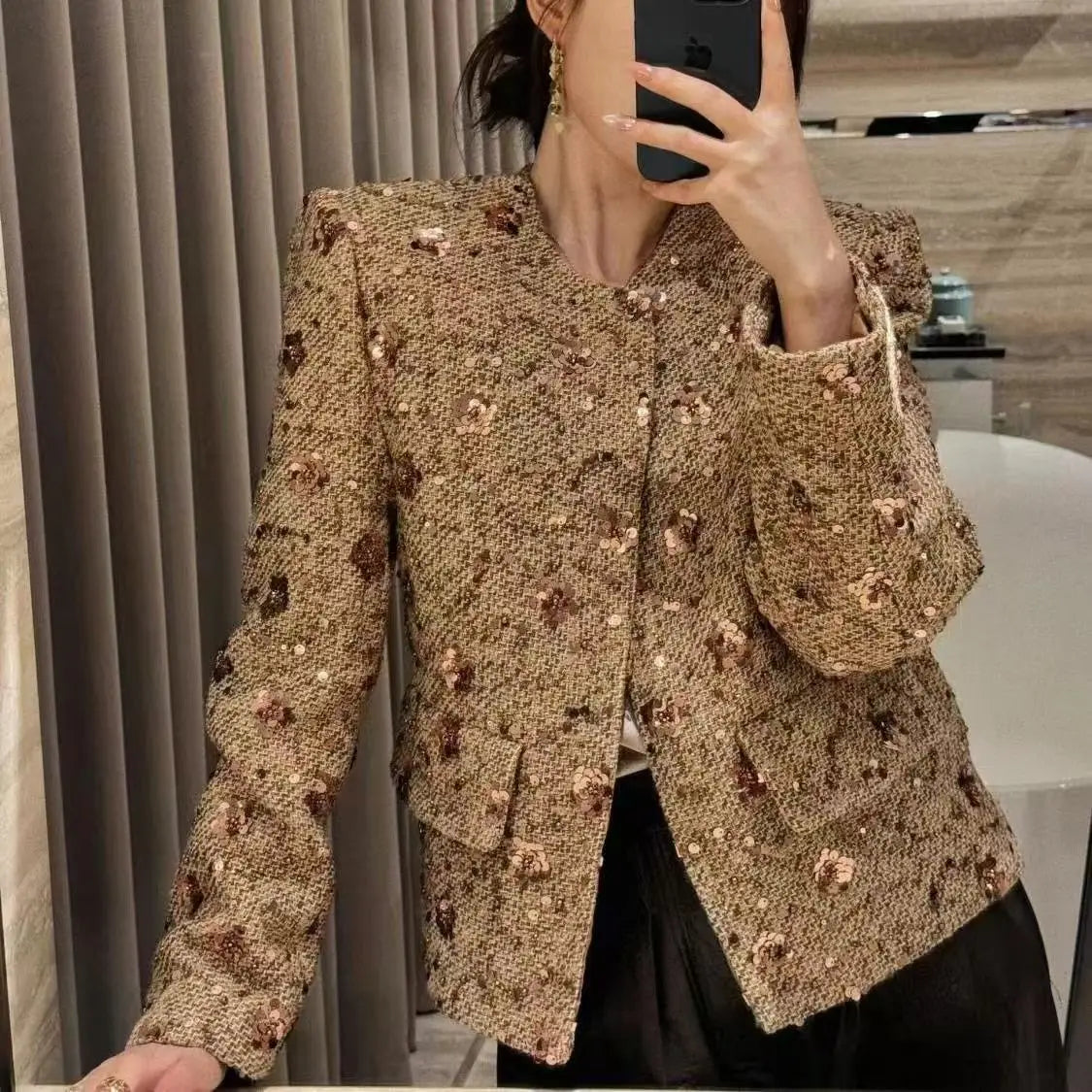 Women's Elegant Sequined Single-Breasted Crop Jacket Coat