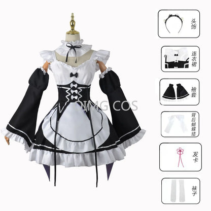Re:Zero Ram & Rem Maid Cosplay Costume – Complete Anime Maid Uniform Dress & Headdress Set