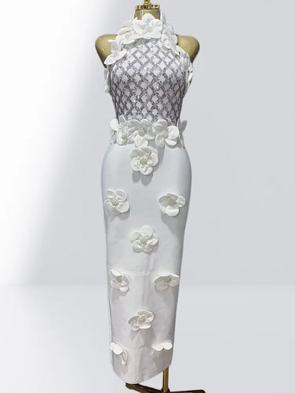 Glamorous Sequined 3D Flower Halter Bodycon Evening Gown