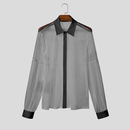 INCERUN Men’s Mesh Patchwork Long Sleeve Button-Down Shirt – Summer Streetwear See-Through Top