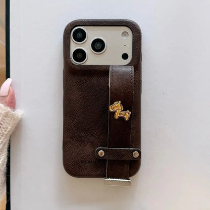 Retro Leather Texture iPhone Case with Wristband Strap & Card Holder