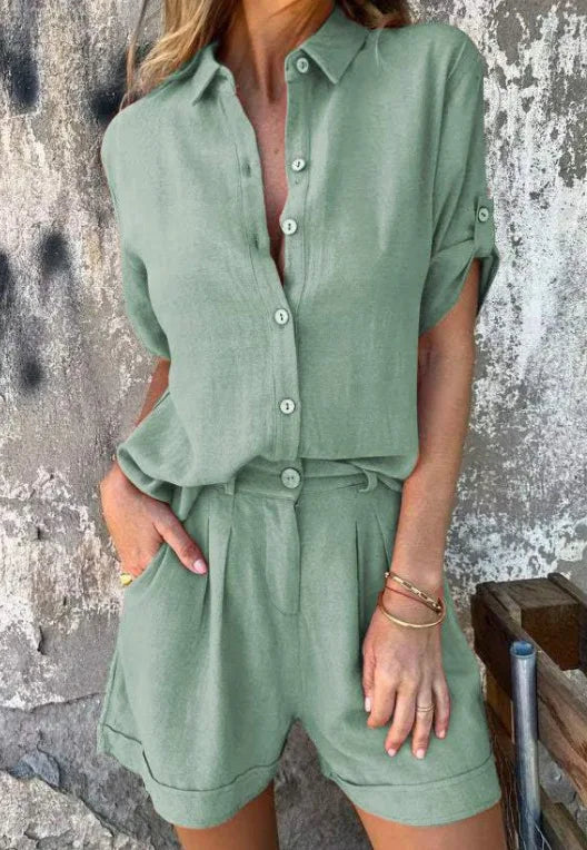 Women's Linen-Blend Button-Down Shirt & Shorts 2-Piece Set