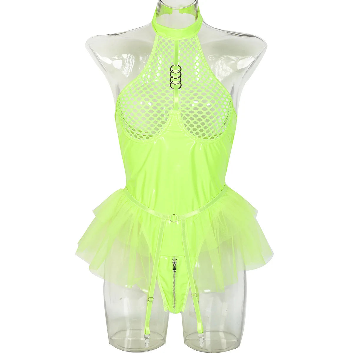 Patent Leather and Mesh Splicing Jumpsuit with Detachable Garter Belts