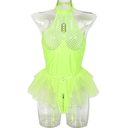 Patent Leather and Mesh Splicing Jumpsuit with Detachable Garter Belts