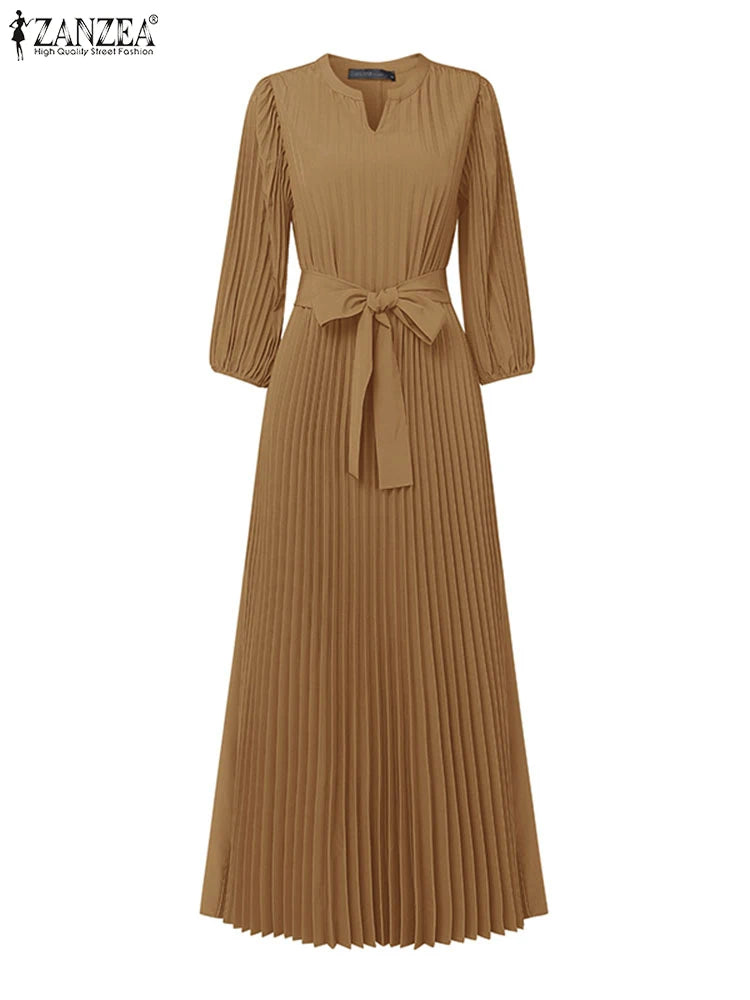 ZANZEA Women's V-Neck Pleated Maxi Dress - Casual Loose Fit 3/4 Lantern Sleeve Long Sundress with Belt