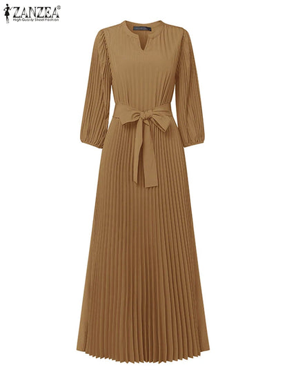 ZANZEA Women's V-Neck Pleated Maxi Dress - Casual Loose Fit 3/4 Lantern Sleeve Long Sundress with Belt