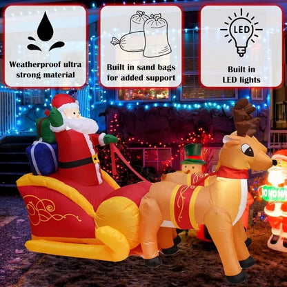 Christmas Inflatable Santa Claus & Reindeer Sled - Outdoor LED Holiday Lawn Decoration