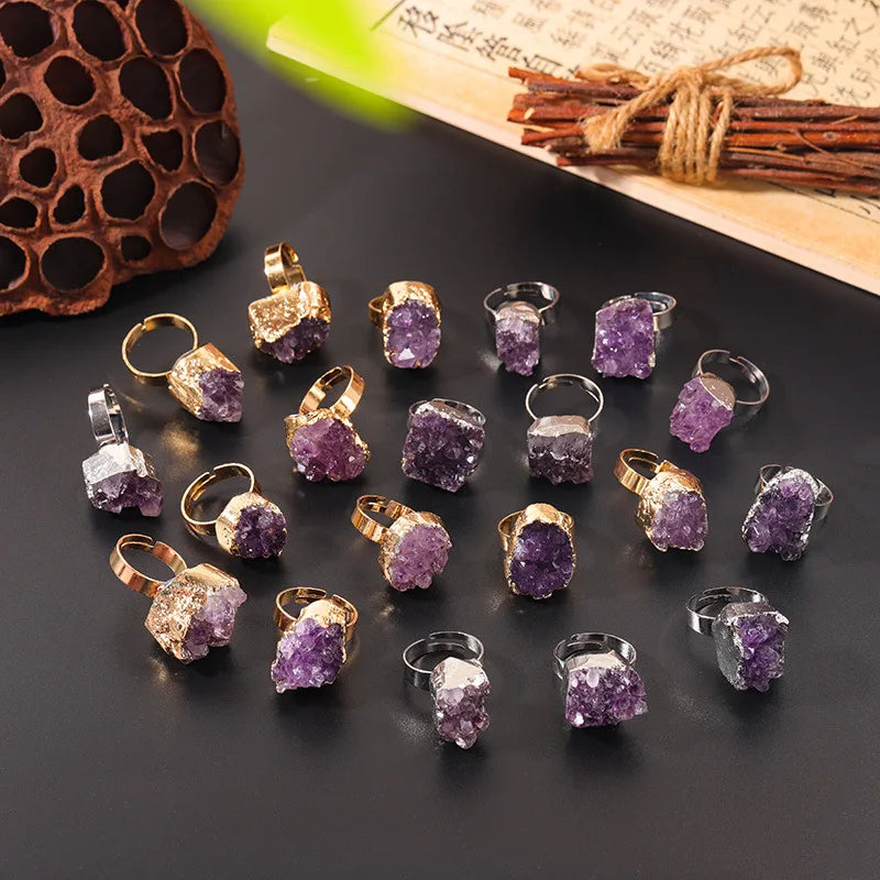Natural Crystal Reiki Raw Irregular Amethyst Cluster Druzy Adjustable Finger Ring