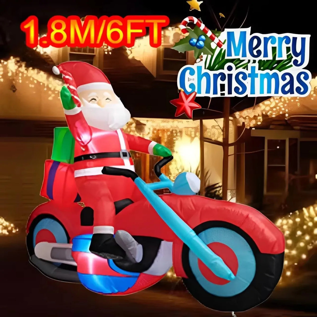 1.8M / 6FT Christmas Inflatable Santa on Motorcycle with LED Lights