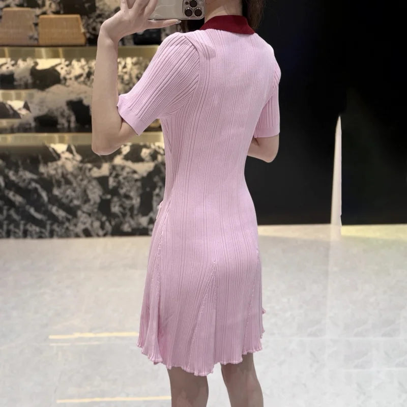 French Elegant Color Block Collar Short Sleeve Dress