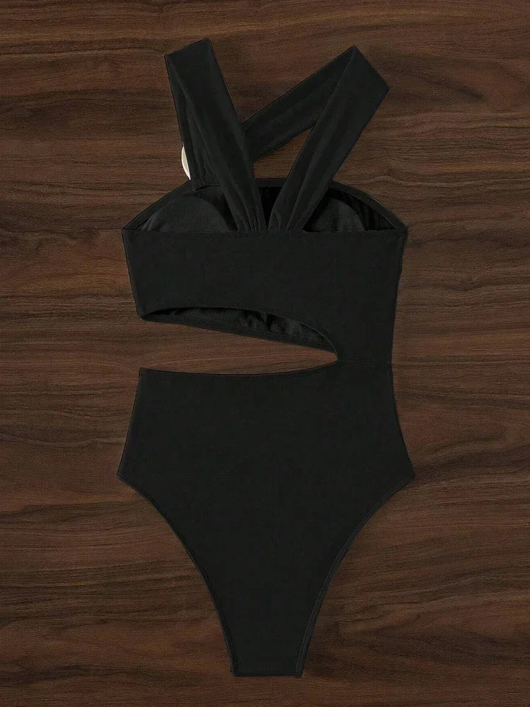 3D Flower Accented One-shoulder Bathing Suit