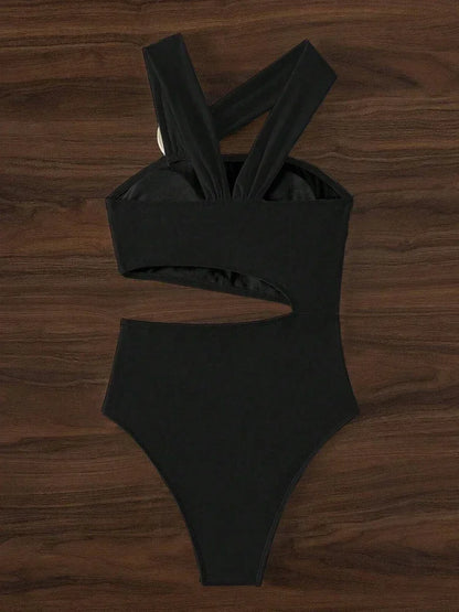 3D Flower Accented One-shoulder Bathing Suit