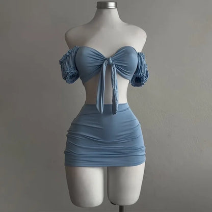 Puff Sleeve Strapless Crop Top and High Waist Skirt Set