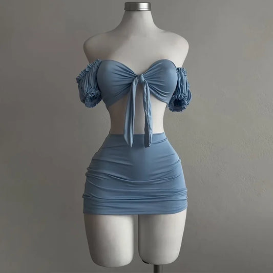 Puff Sleeve Strapless Crop Top and High Waist Skirt Set
