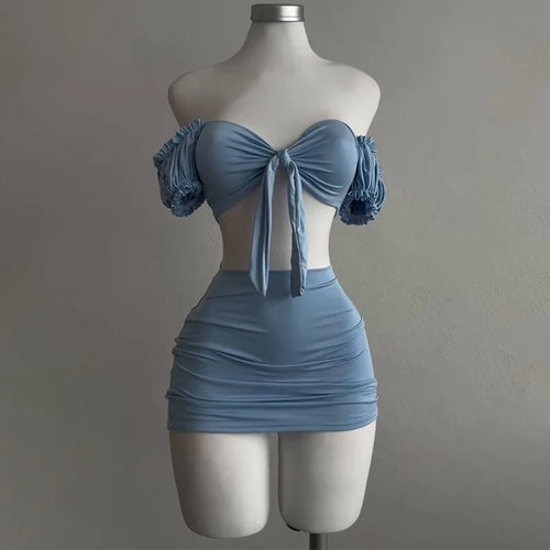 Puff Sleeve Strapless Crop Top and High Waist Skirt Set