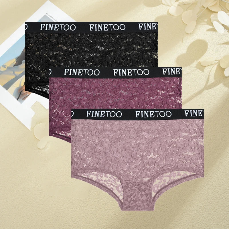 FINETOO Women's Lace Boyshort Panties Set - High-Waist Transparent Mesh Briefs