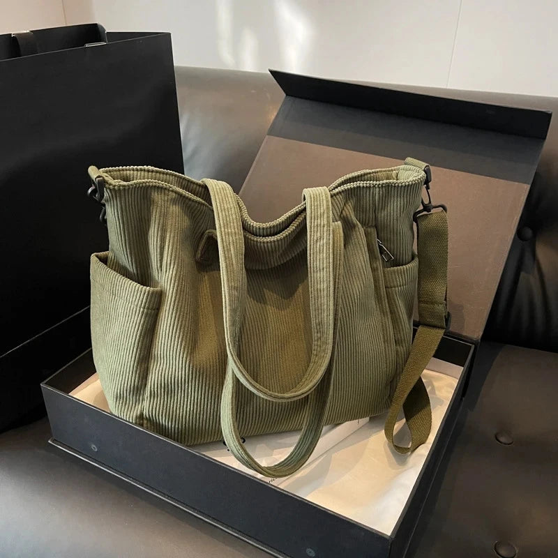 Women Corduroy Multi-Pocket Shoulder Tote & Crossbody Sling Bag