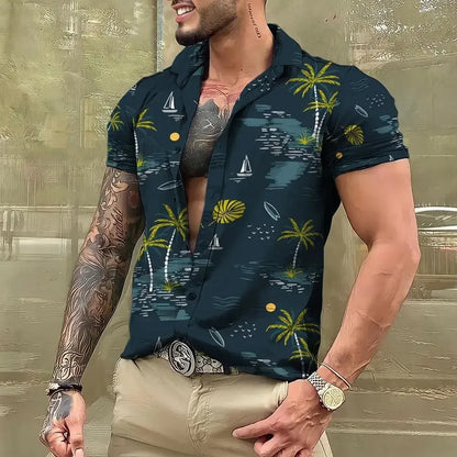 3D Plant Print Quick-Dry Short Sleeve Shirt