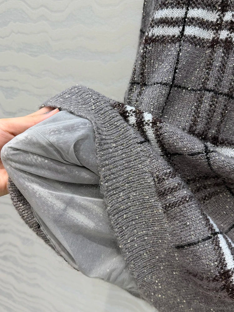 Women’s Vintage Plaid Knit 2-Piece Sweater & Long Skirt Set