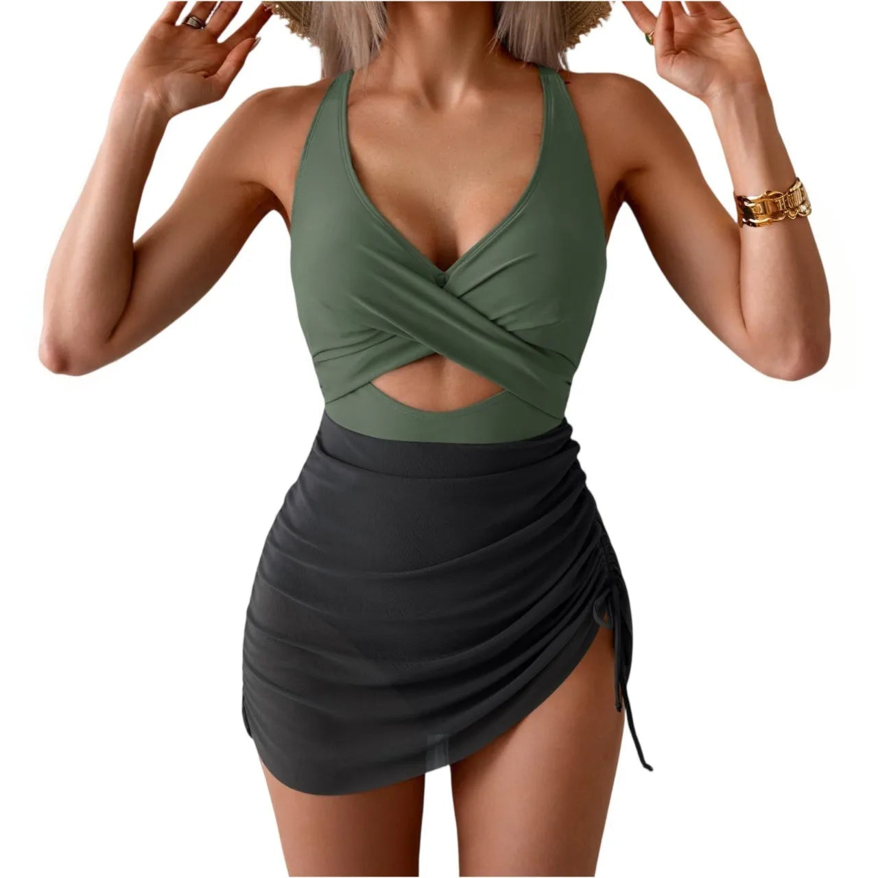 Color Blocking Cross Strap One-Piece Swimsuit