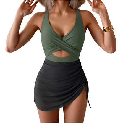 Color Blocking Cross Strap One-Piece Swimsuit