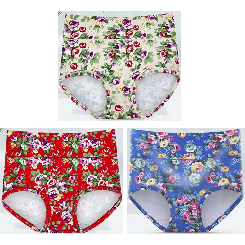 3-Pack Women's Floral Print High-Waisted Briefs - Plus Size Breathable Cotton Panties