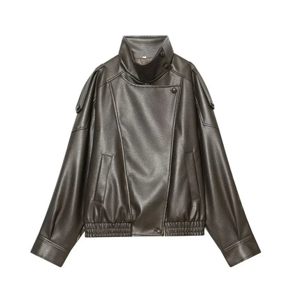 Women's Black Faux Leather Motorcycle Jacket – Long Sleeve Casual Coat