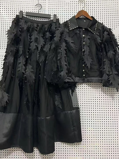 Women's Elegant 2-Piece Puff Sleeve Top & Rhinestone Waist Fluffy Skirt Set