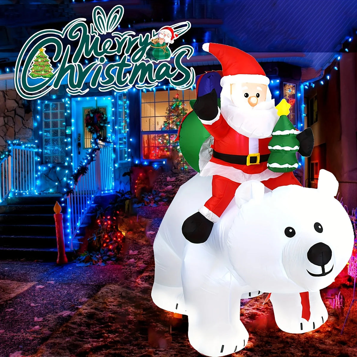 6.56ft Inflatable Santa Claus Riding Polar Bear with LED Lights & Shaking Head