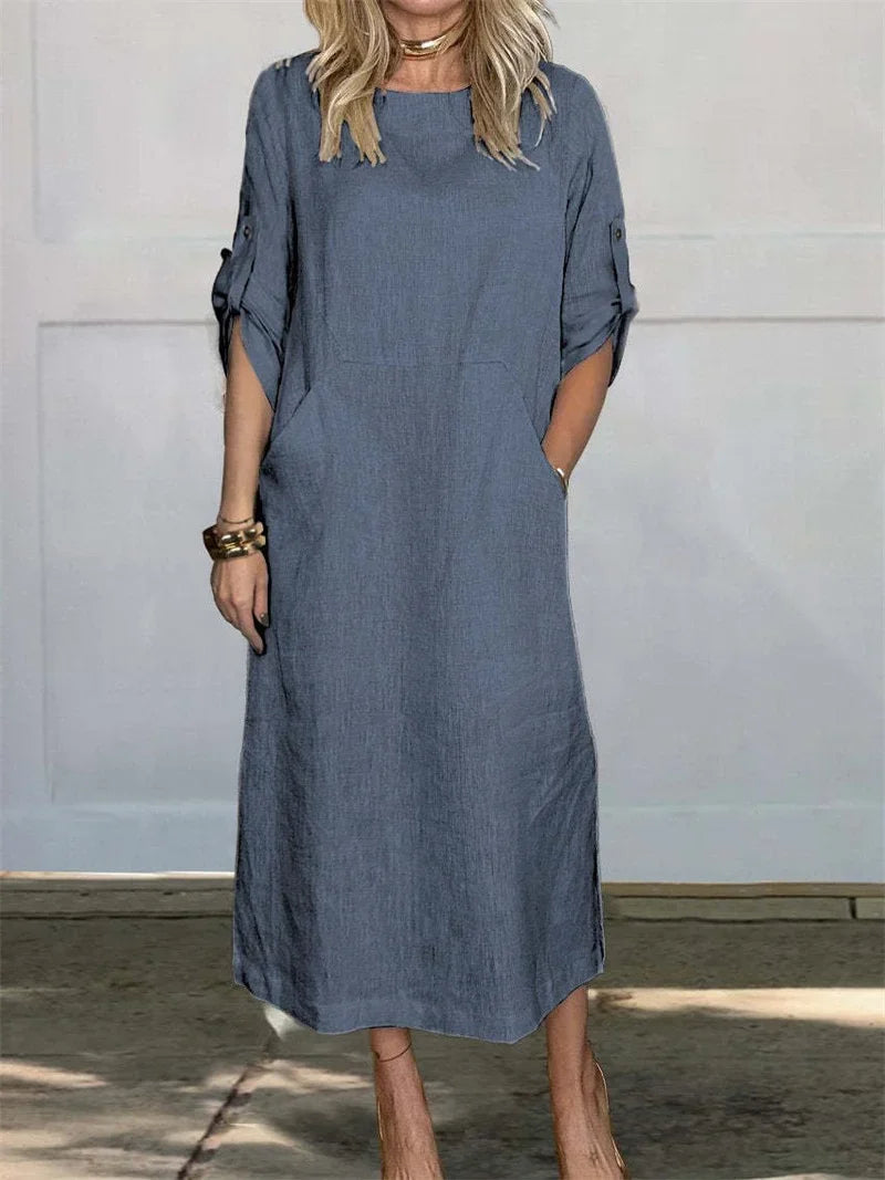 Women's Casual 3/4-Sleeve Cotton Linen Pullover Dress with Pockets