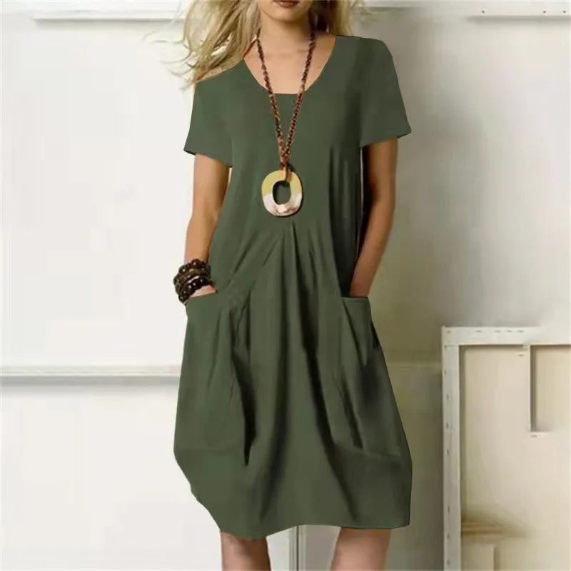 Women’s Cotton Linen Short-Sleeve Midi Dress – Casual Summer Dress with Pockets