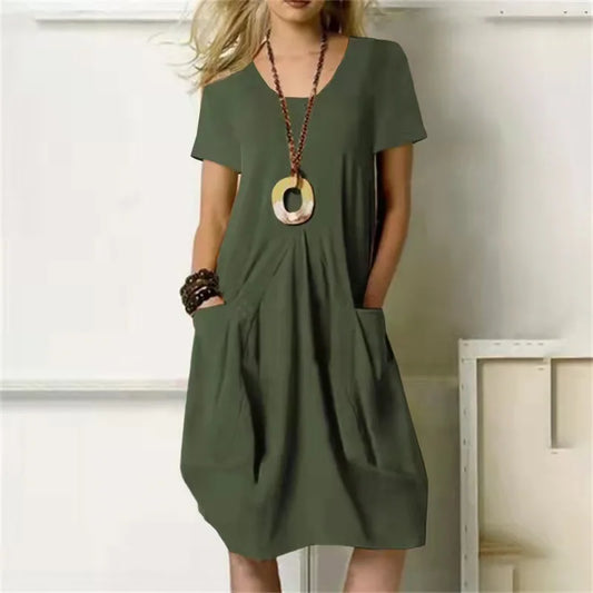 Women’s Cotton Linen Short-Sleeve Midi Dress – Casual Summer Dress with Pockets