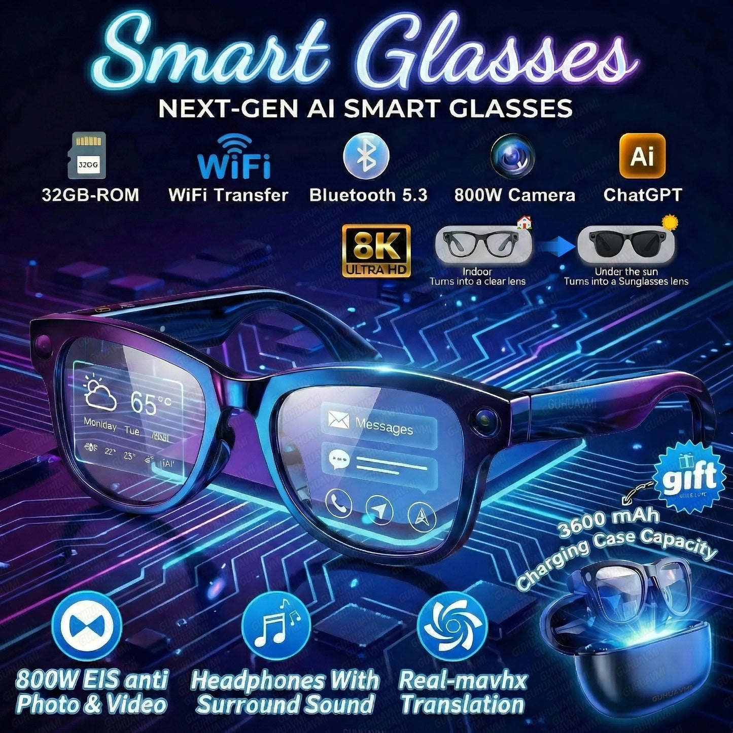 Smart AI Audio Video Glasses with 5MP HD Camera, 100+ Language Translation, ChatGPT & Bluetooth Audio