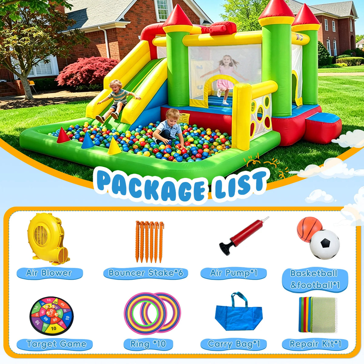 Inflatable Bouncy Castle Bounce House with Slide & Ball Pit Combo