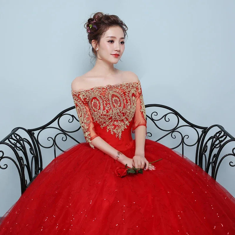 Women's Red Floral Embroidered Off-Shoulder Ball Gown Wedding Dress