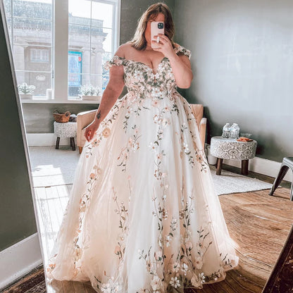 Plus Size Floral V-Neck A-Line Wedding Dress with Court Train